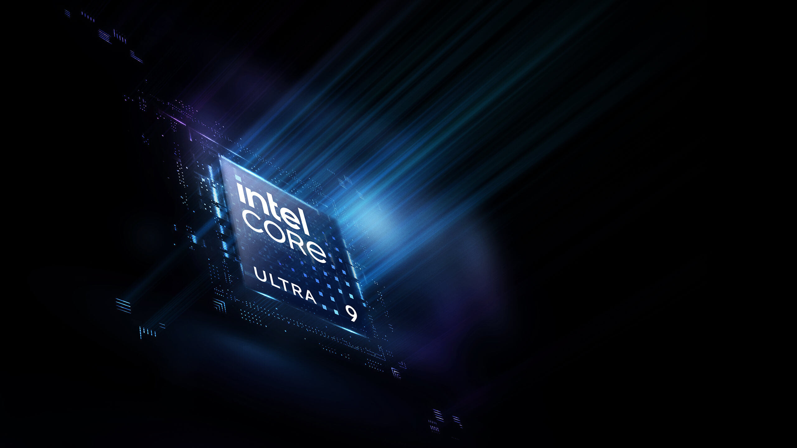 معالج Intel Core Ultra 9 على خلفية زرقاء بخطوط.
