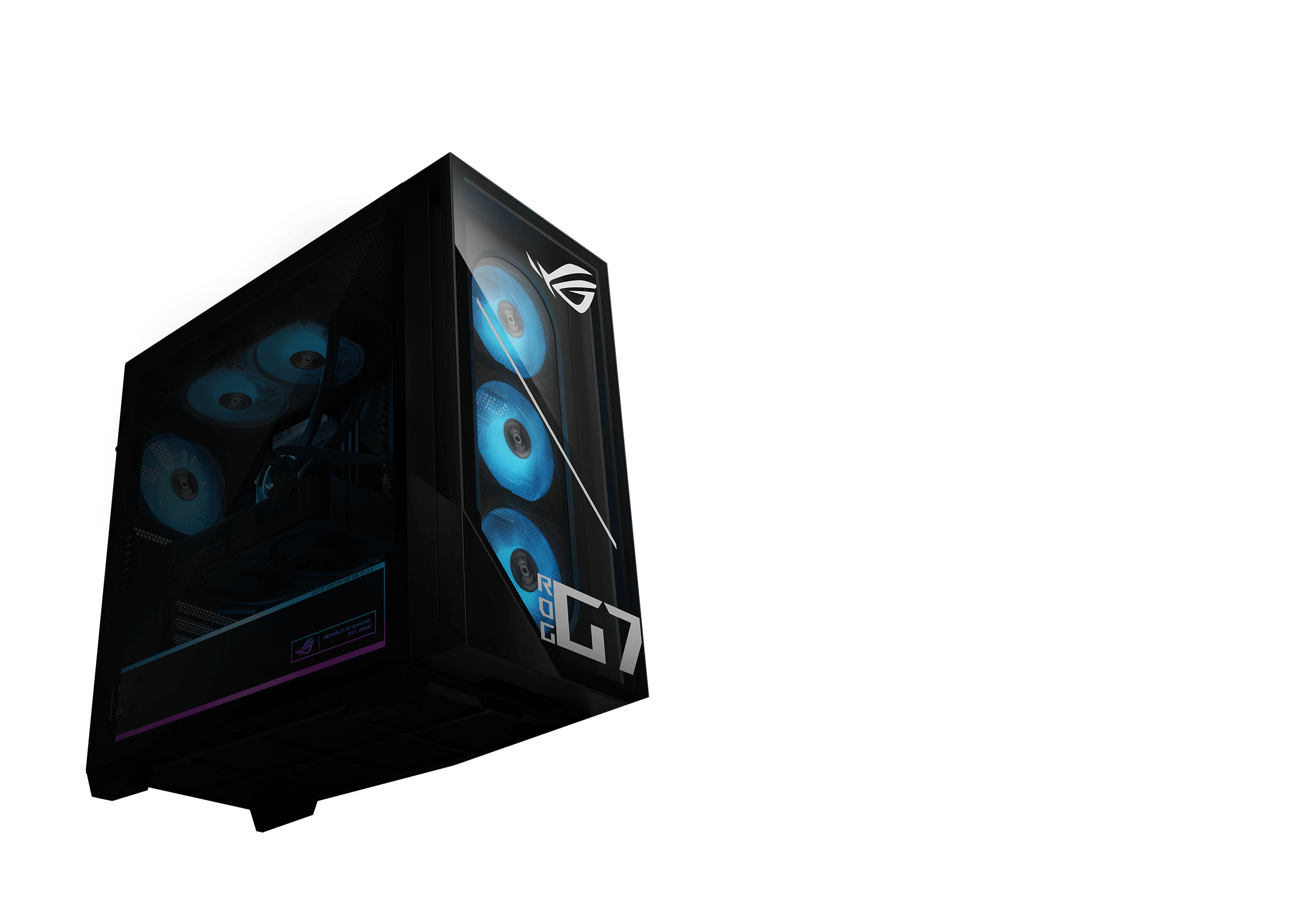 لقطة كاميرا بزاوية منخفضة تعرض الكمبيوتر المكتبي ROG G700 يقف عاليًا على خلفية سوداء.