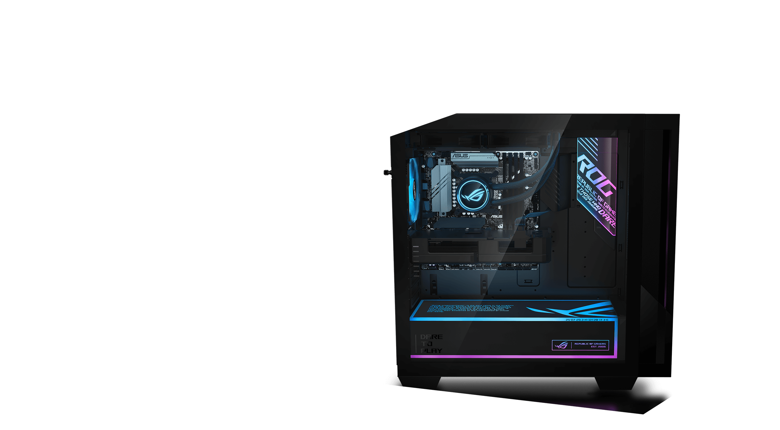 لقطة جانبية على الكمبيوتر المكتبي G700، تعرض اللوحة الزجاجية الجانبية بإضاءة RGB وشعار ROG داخل الجهاز.