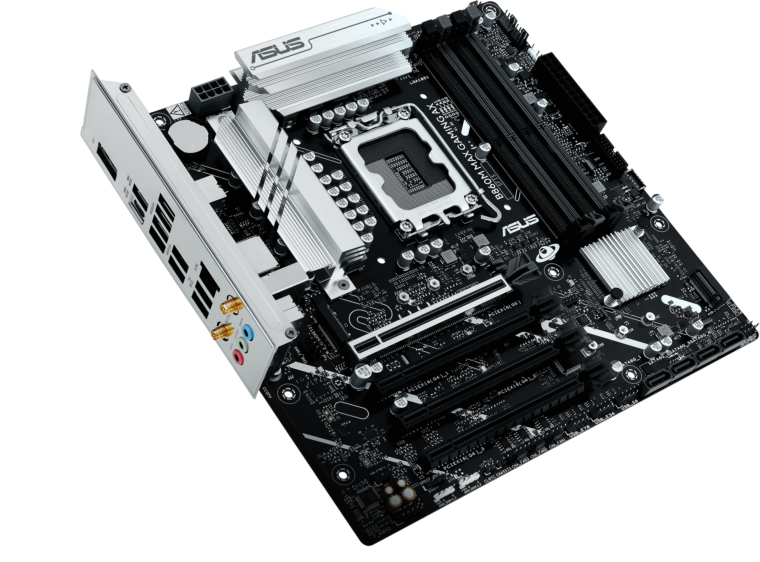 لوحة أم من ASUS على خلفية رمادية داكنة.