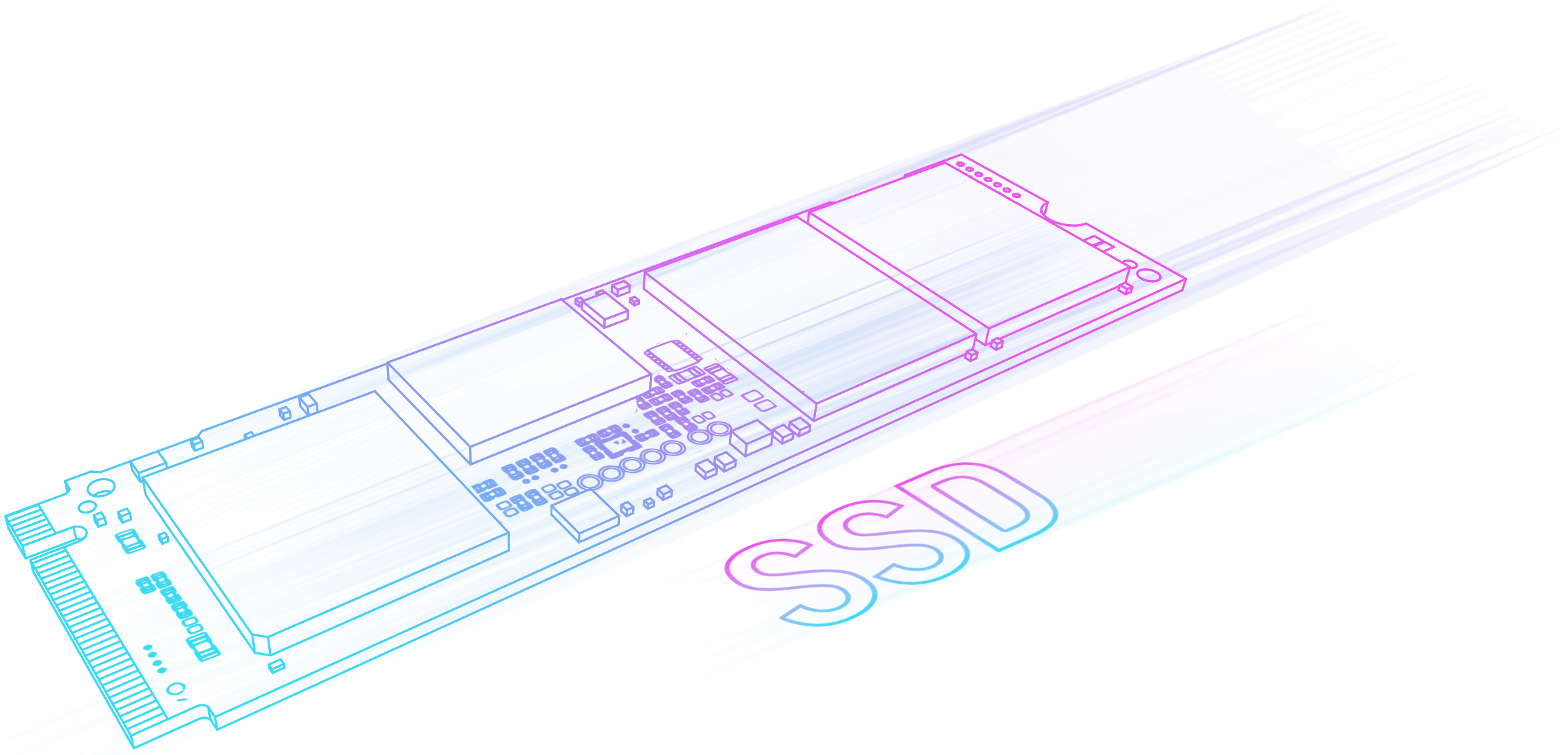 إطار سلكي أنيق لمحرك أقراص SSD بإضاءة نيون بالألوان البنفسجي والأزرق على خلفية سوداء.