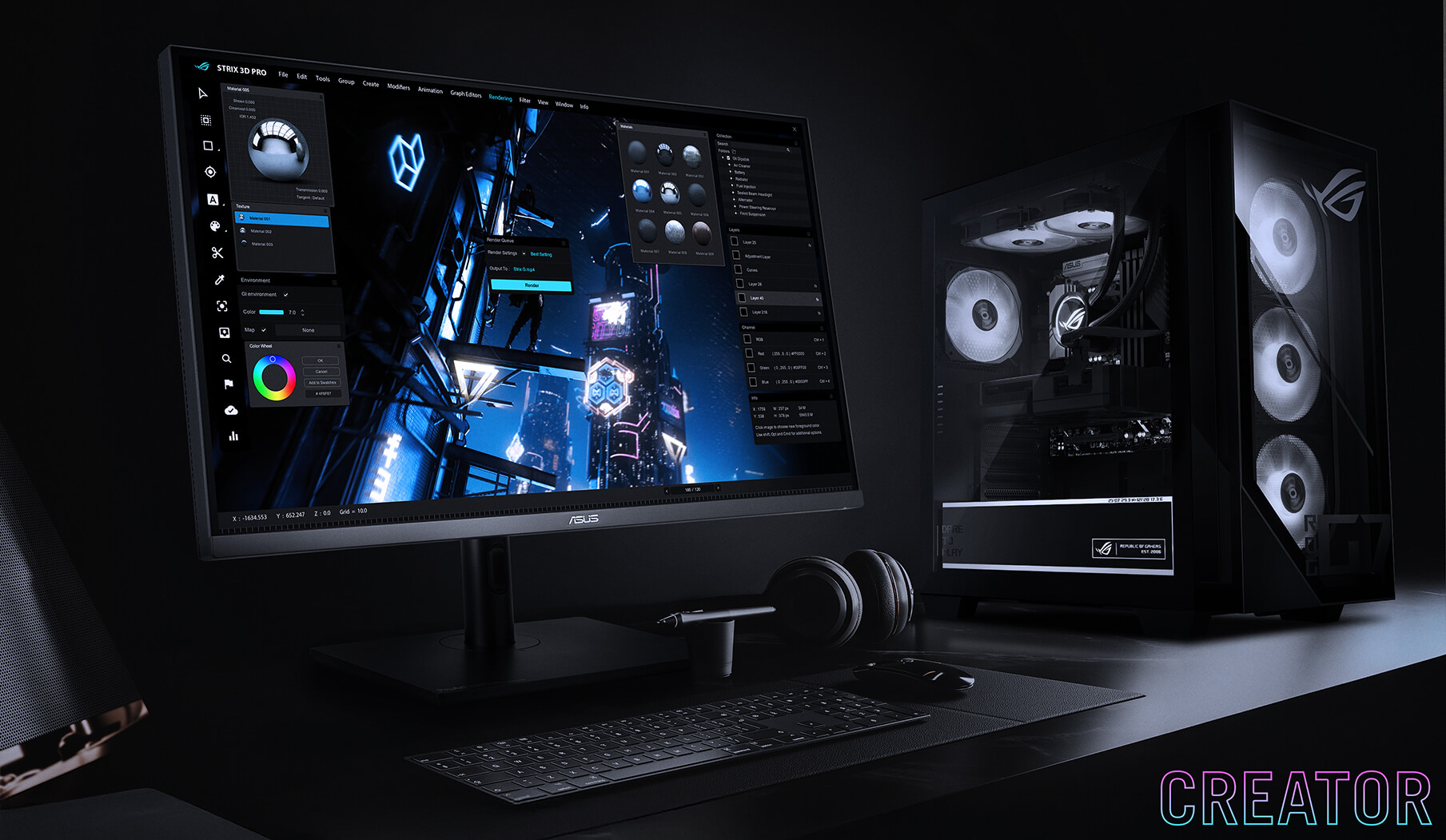 جهاز ROG G700 بجانب شاشة ولوحة مفاتيح مع إيقاف إضاءة RGB.
