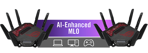 Two GT-BE19000 devices are connected by a banner labeled ‘AI-Enhanced MLO’ to illustrate intelligent wireless backhaul.