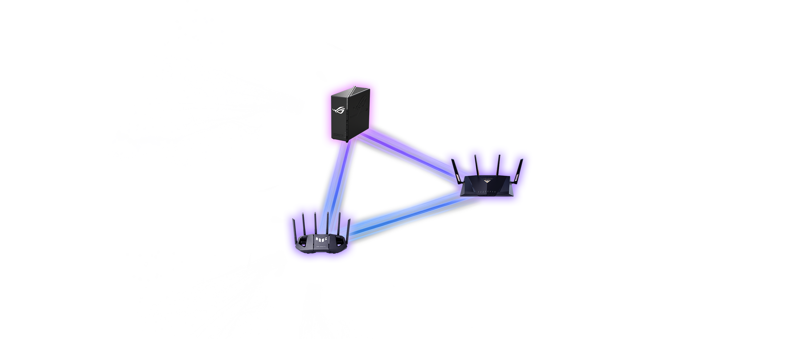 GS-BE18000 emits purple waves to TUF-BE9400 and RT-BE88U in a house.