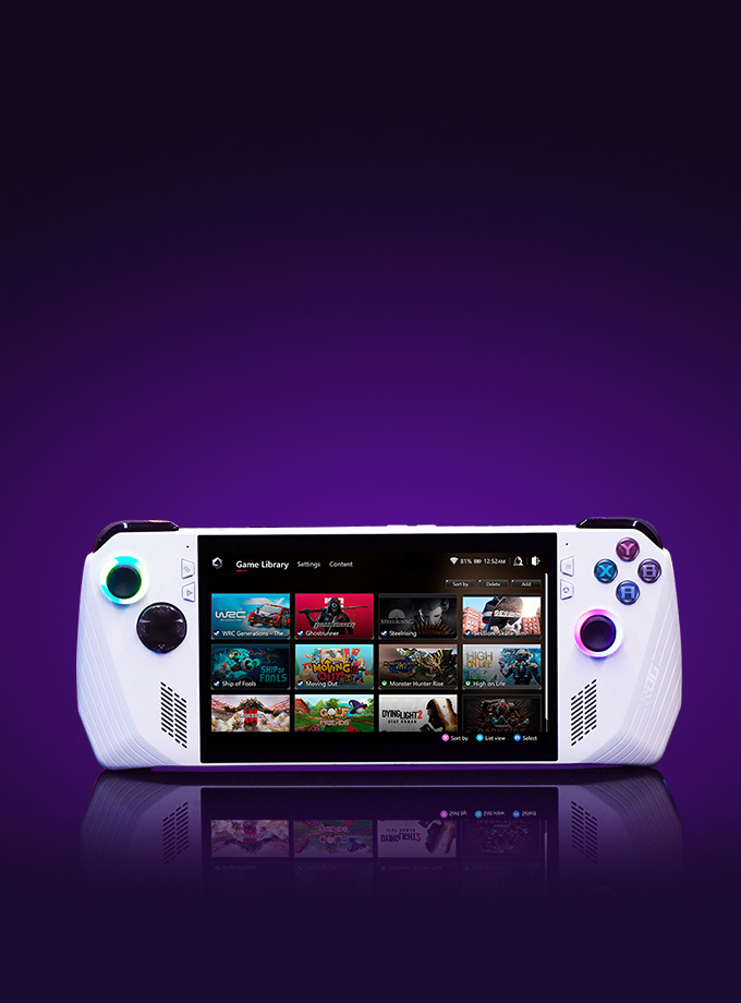 A white ROG Ally handheld gaming device displays a Game Library with various games