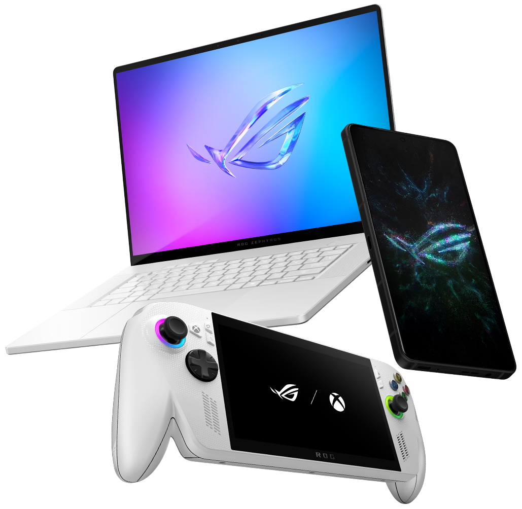 ROG laptop, smartphone, and ROG Ally handheld console representing 3-Level AI-Boosted Game Acceleration with text highlighting up to 34% lower latency