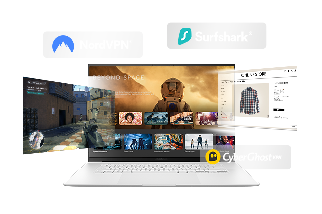 Laptop screen showing multiple streaming services and VPN provider logos including NordVPN, Surfshark, and CyberGhost.