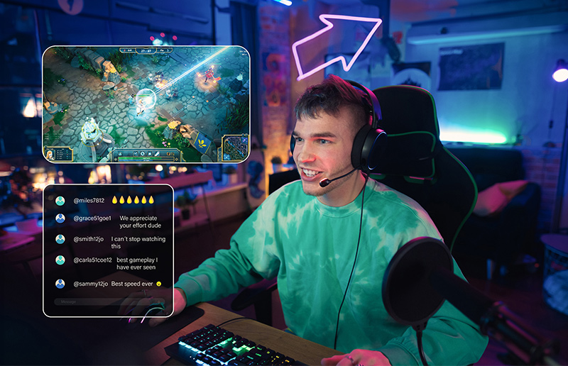 Gamer livestreaming at a PC setup with an on-screen game overlay and live chat comments.