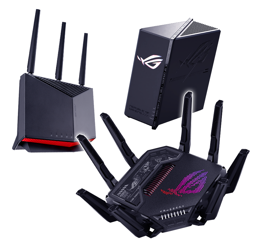 ASUS GT-BE98 Pro, GS-BE18000, and RT-BE86U routers shown together as part of the network security lineup.
