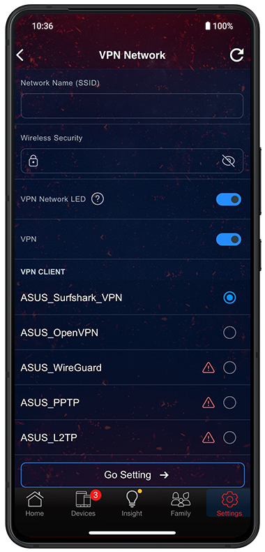 ASUS Router App VPN Network page showing VPN toggle, VPN Network LED option, and a list of supported VPN clients including Surfshark, OpenVPN, WireGuard, PPTP, and L2TP.