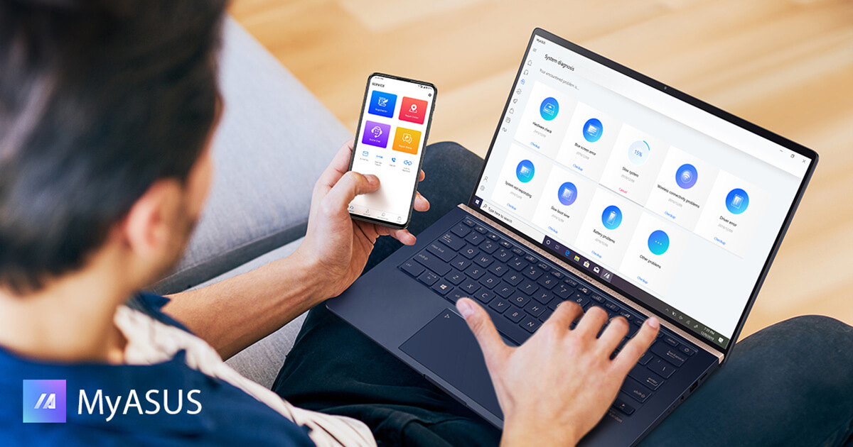 A man uses a system diagnosis tool in the My ASUS app on his ASUS Zenfone while referring to information on his ASUS Zenbook 14 laptop.