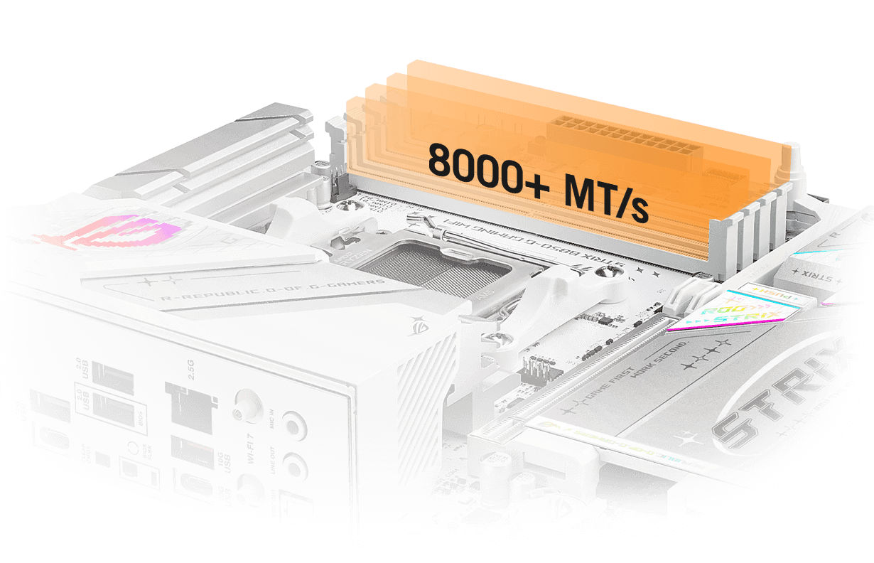 La Strix B850-G vous permet d'overclocker la m&eacute;moire jusqu'&agrave; 8000+ MT/s.