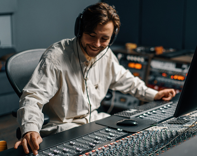 Um homem a compor m&uacute;sica com auscultadores numa esta&ccedil;&atilde;o de produ&ccedil;&atilde;o musical.