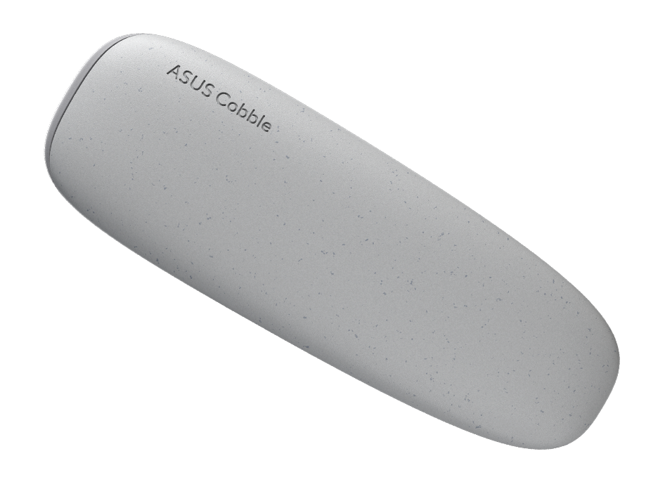 Vista angular do ASUS Cobble com os &iacute;cones 'A&ccedil;&atilde;o Clim&aacute;tica e Economia Circular' e uma floresta verdejante por tr&aacute;s