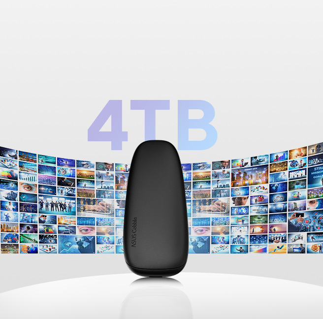 Vista frontal do ASUS Cobble com o caractere '4TB' e v&aacute;rias imagens por tr&aacute;s