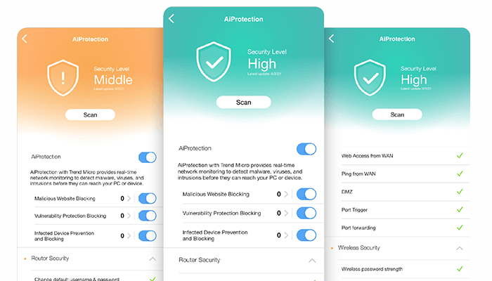 Gebruikersinterface van ASUS AiProtection beveiligingsscan
