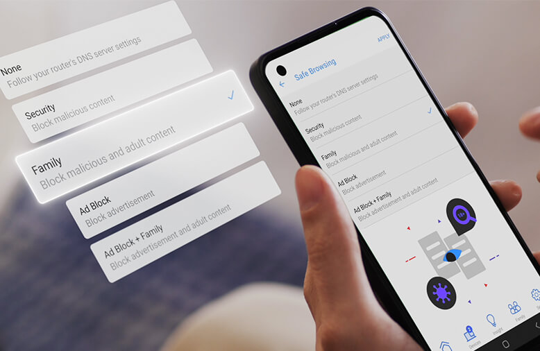 Een smartphone met vergrote weergave van de gebruikersinterface van Safe Browsing.