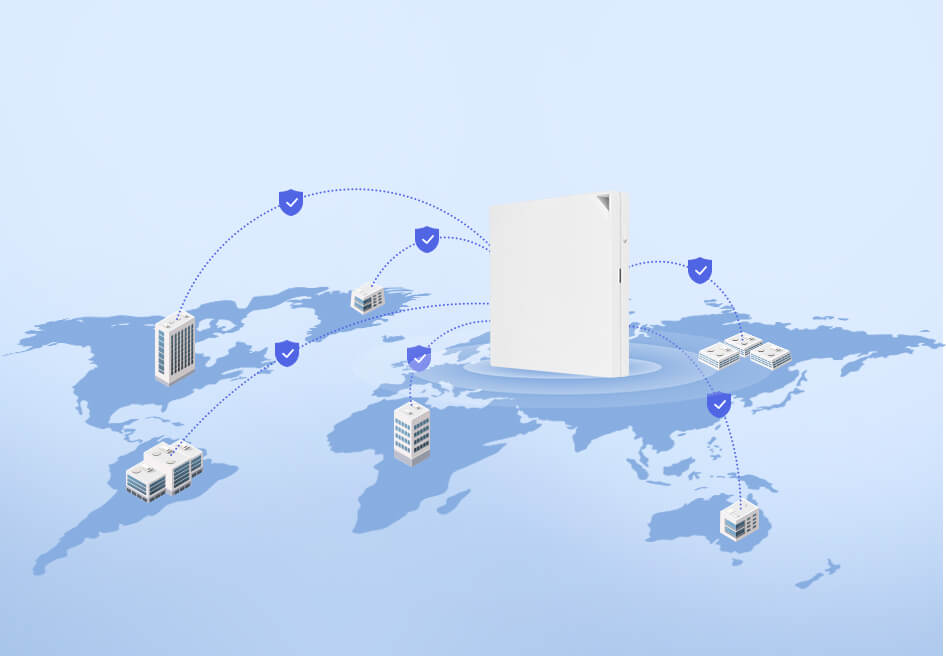 Een illustratie toont een site-to-site VPN configuratie, die verschillende werkplekken veilig verbindt via de RT-AX57 Go.