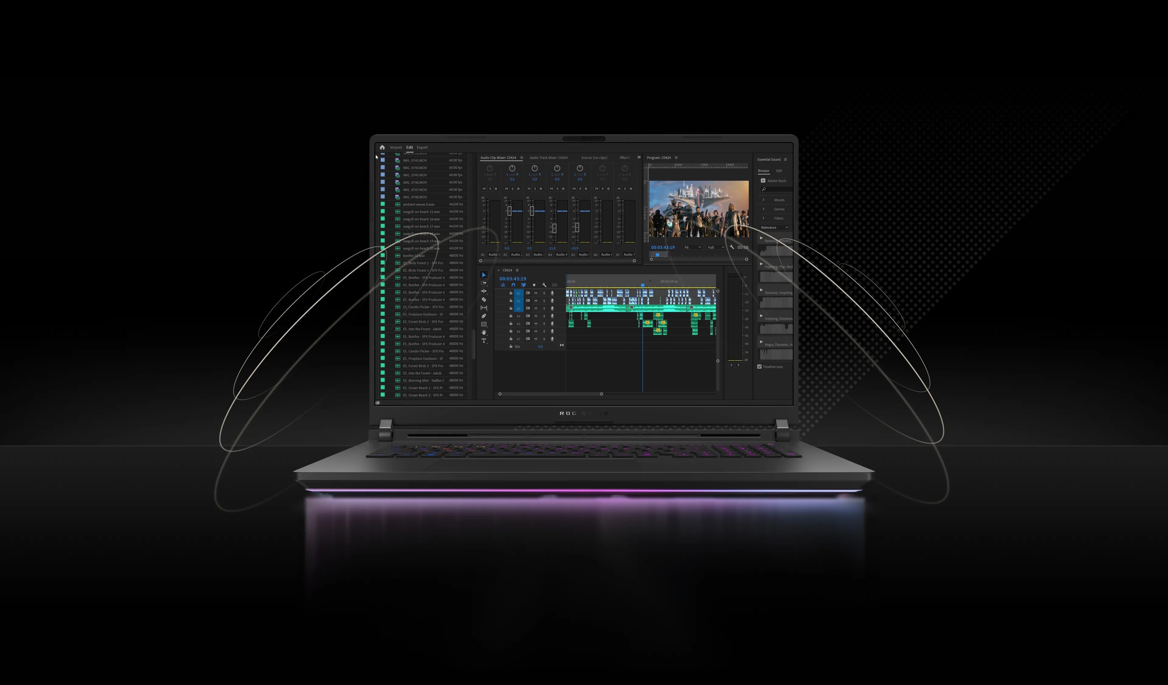 Un laptop ROG Strix cu un program de editare video afișat pe ecran.