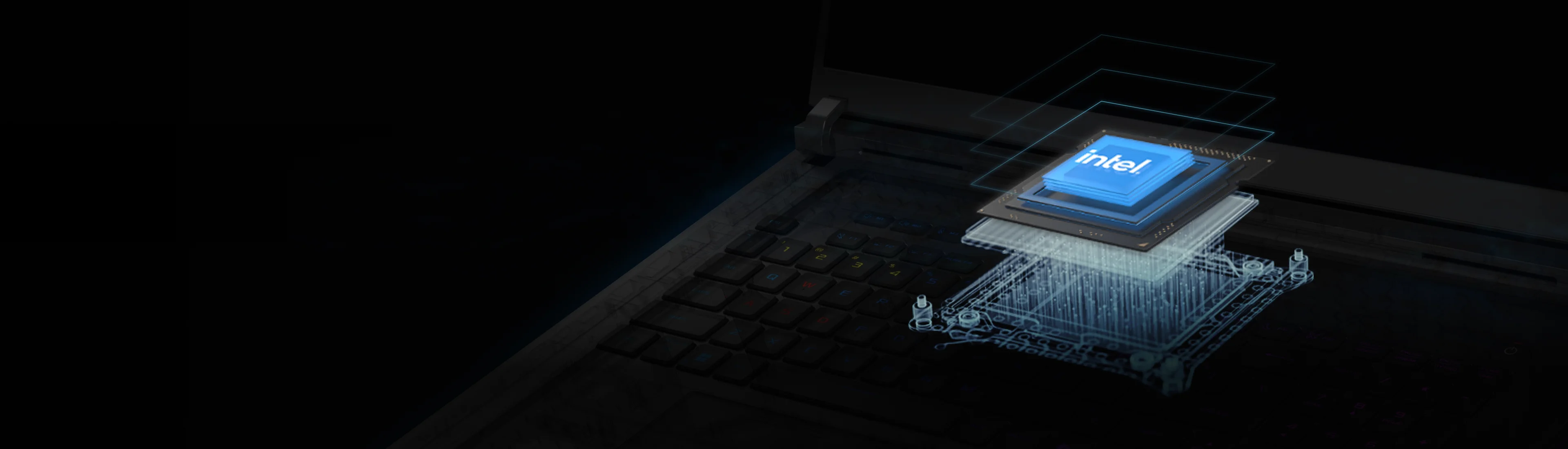 Un procesor intel care apare de sub tastatura unui laptop.