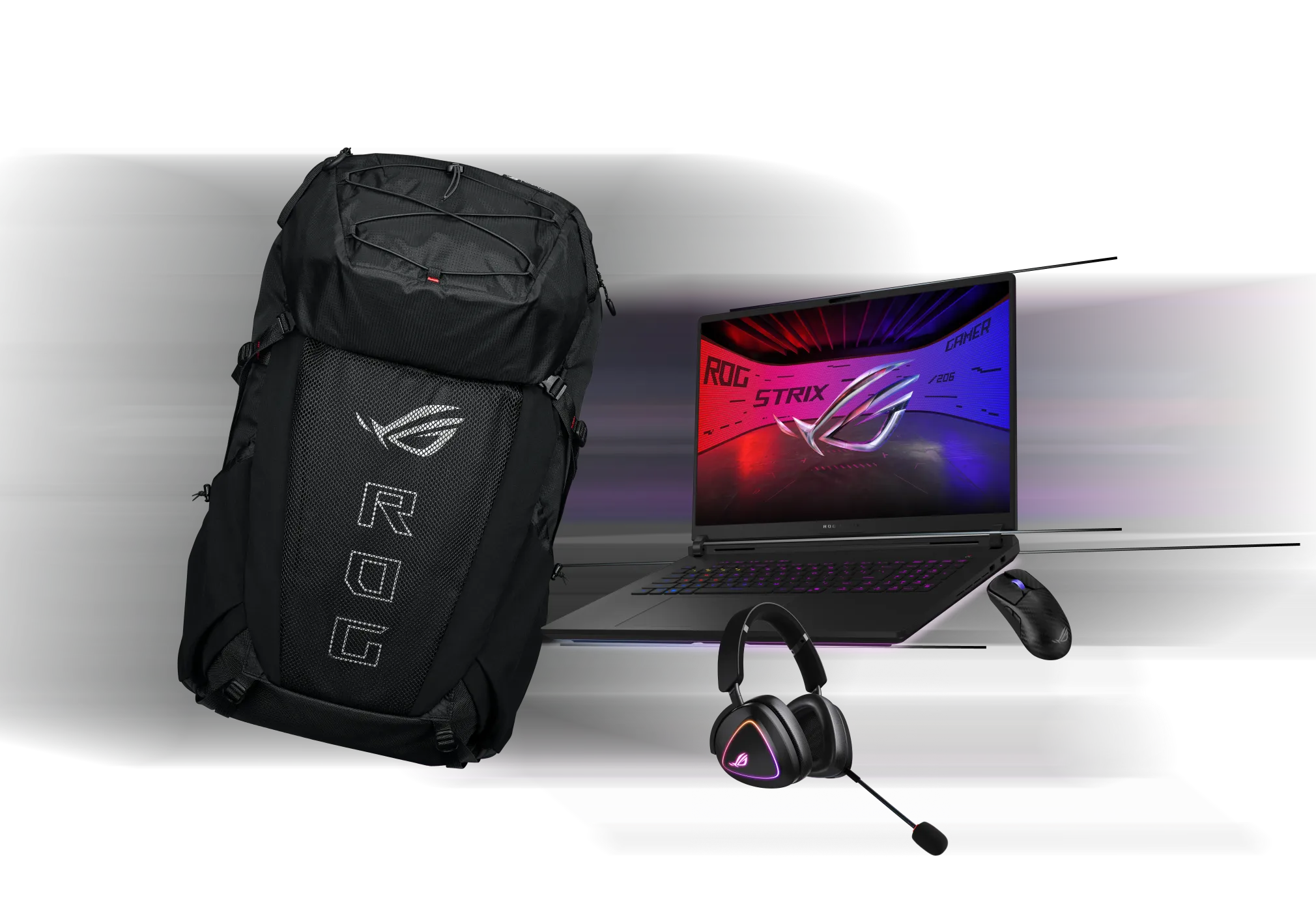 De la st&acirc;nga la dreapta; un rucsac de gaming ROG Archer ErgoAir, căști ROG Delta II, SCAR 18 și mouse-ul ROG Harpe Ace Extreme.