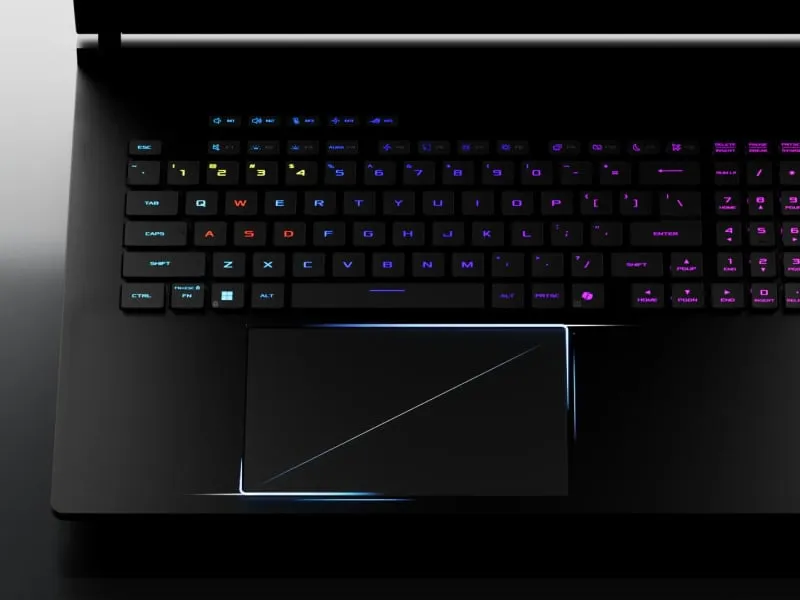 Forma touchpad-ului laptopului SCAR este evidențiată.