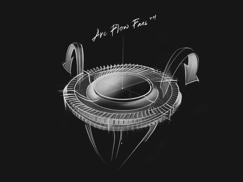 O schiță a ventilatorului Arc Flow al laptopului SCAR.