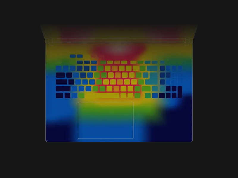 O hartă termică a tastaturii laptopului SCAR, evidențiind zonele calde și reci.