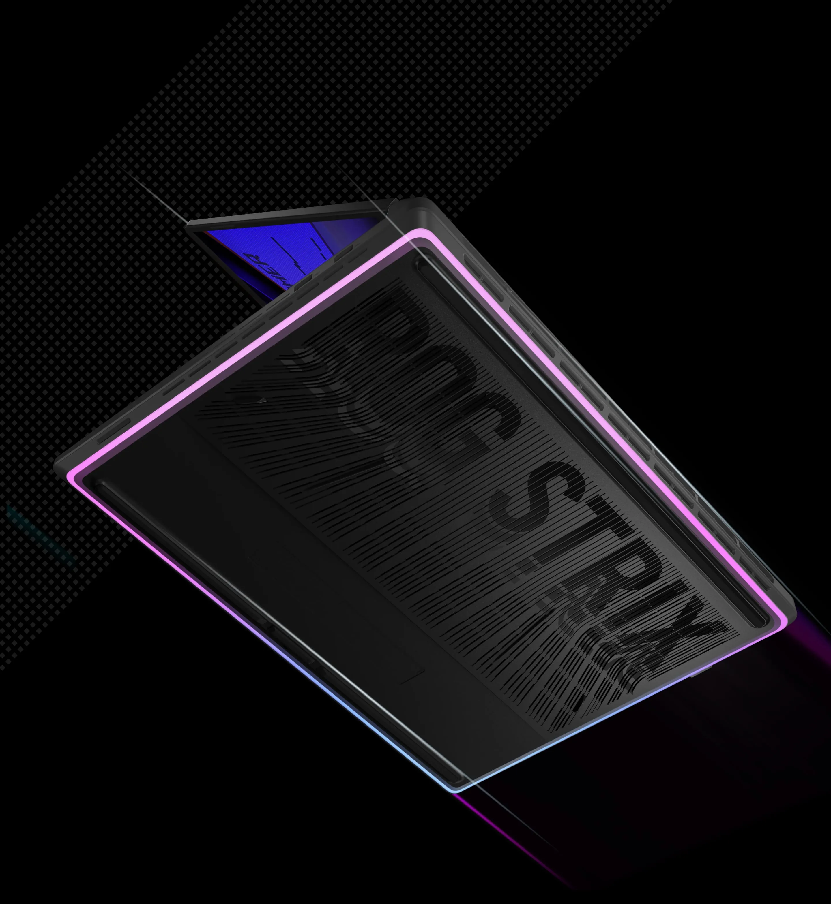 Partea de jos a unui laptop ROG Strix cu iluminare roz și albastră care &icirc;nconjoară șasiul.