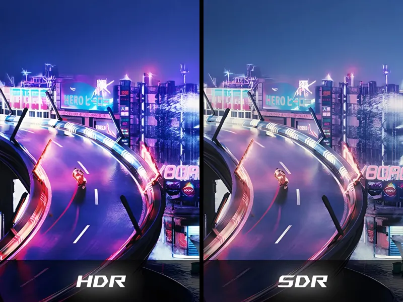 O comparație față &icirc;n față a două imagini, cea din st&acirc;nga fiind HDR, cu evidențiere și contrast accentuate, iar cea din dreapta fiind SDR, cu culori mai stinse și spălăcite.