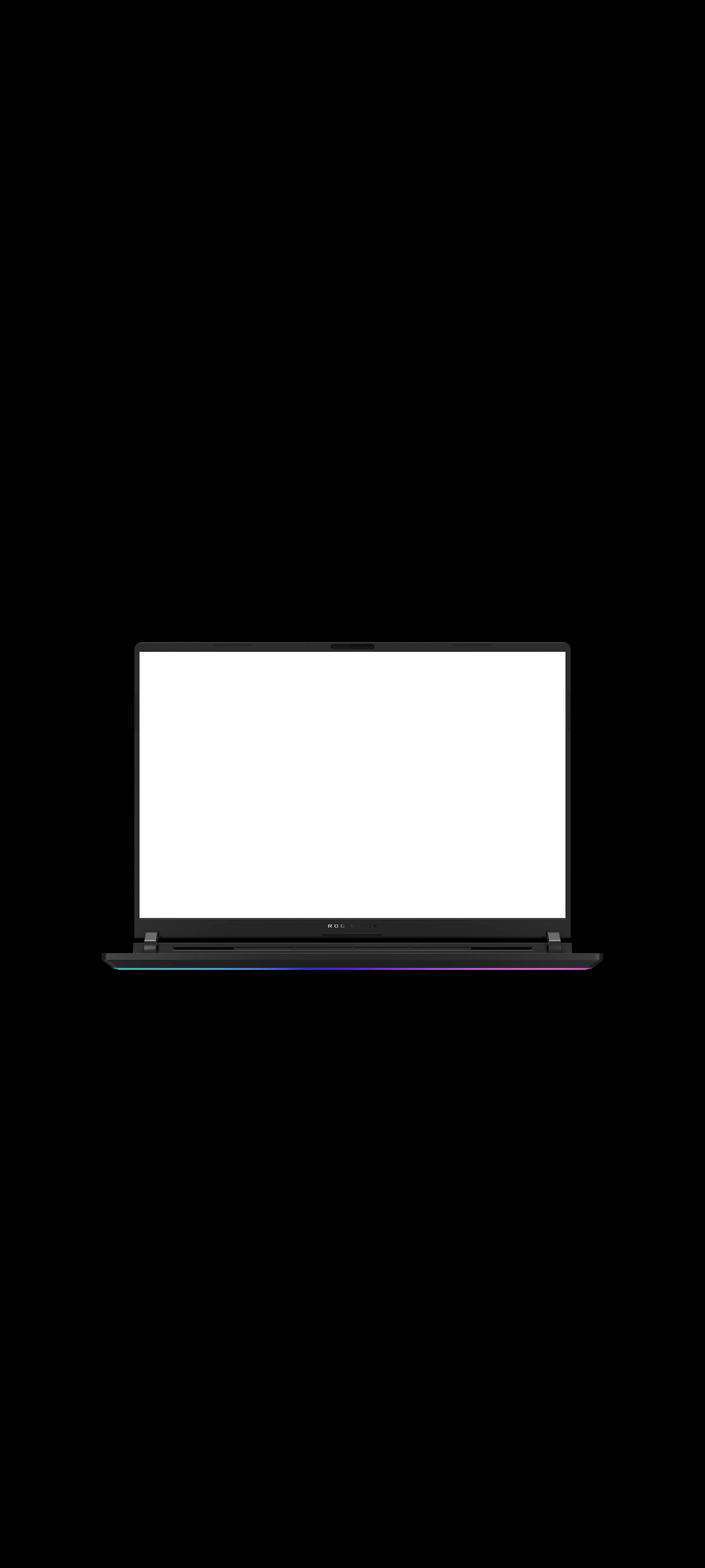Ecranul laptopului prezintă o animație de lumină abstractă violet-roz, cu marca ROG STRIX vizibilă pe luneta inferioară