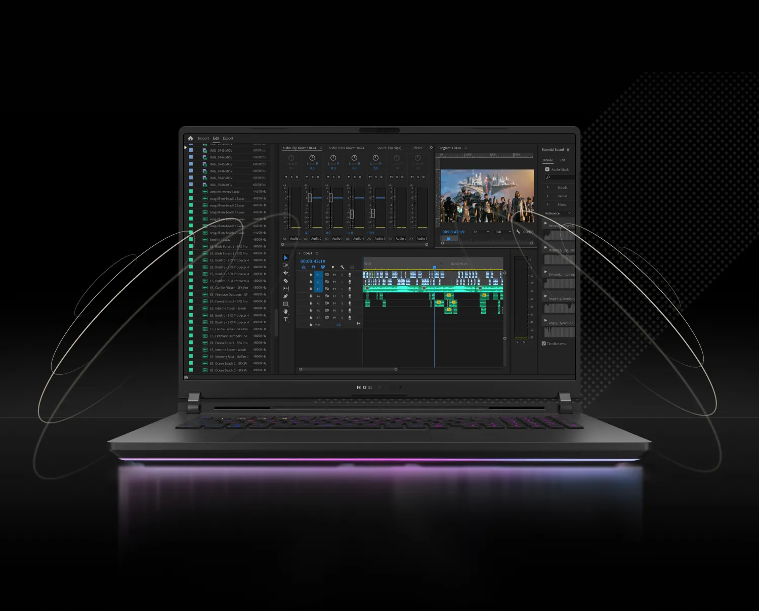 Un laptop ROG Strix cu un program de editare video afișat pe ecran.