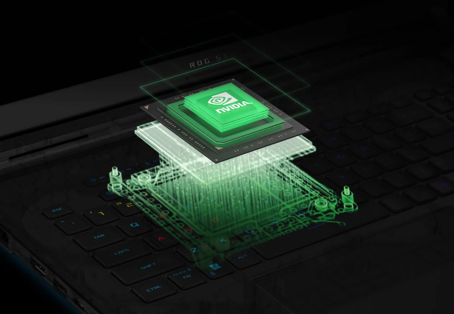 Un GPU NVIDIA apare de sub tastatura unui laptop.