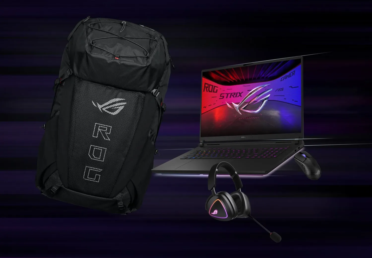 De la st&acirc;nga la dreapta; un rucsac de gaming ROG Archer ErgoAir, căști ROG Delta II, SCAR 18 și mouse-ul ROG Harpe Ace Extreme.