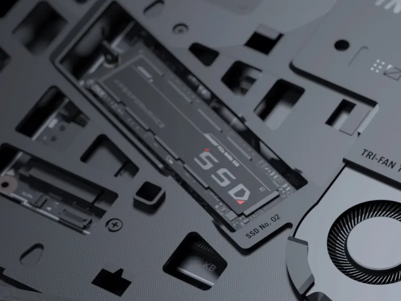 Un stick de stocare SSD &icirc;n interiorul unui laptop ROG Strix.