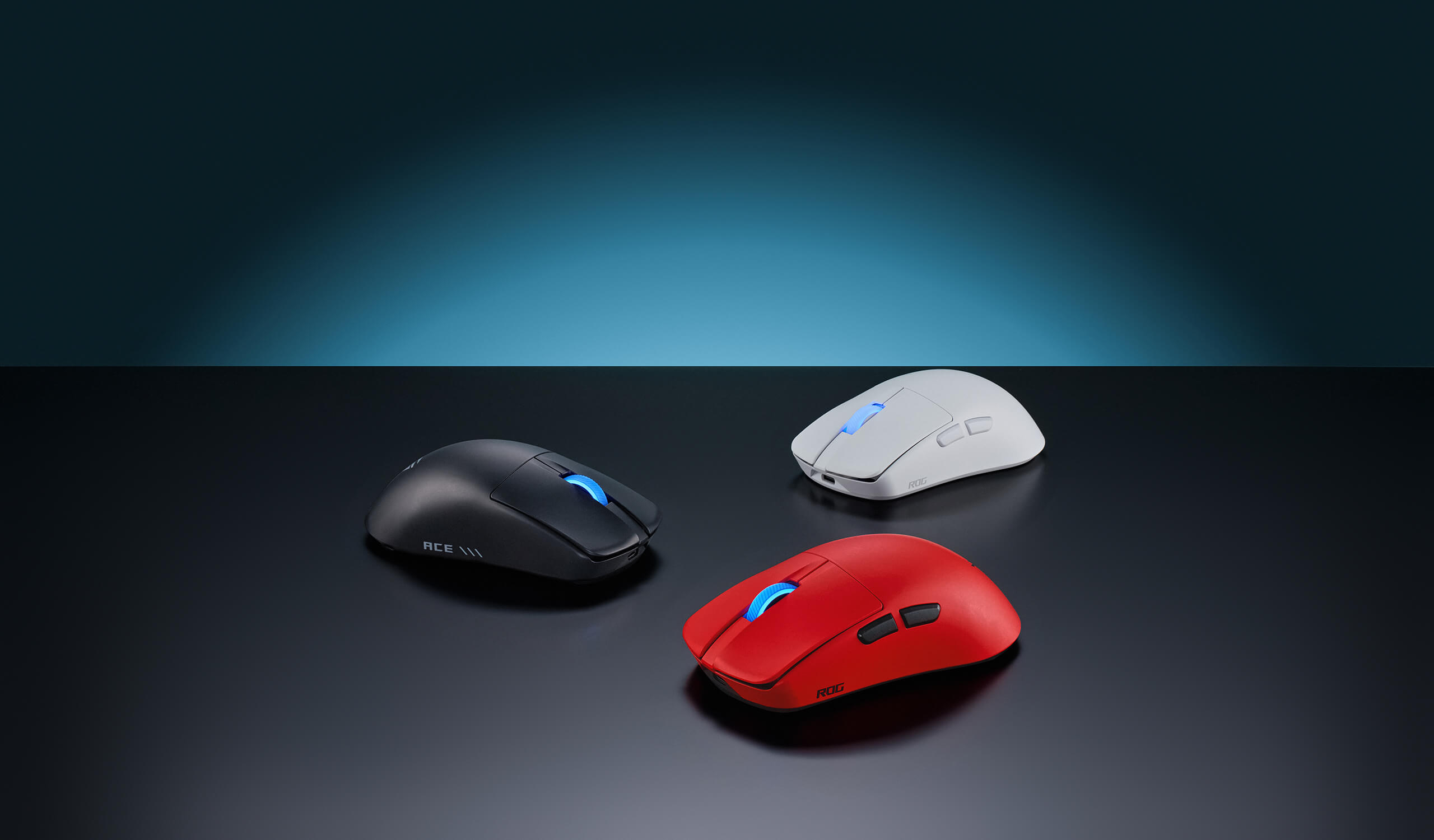 The Lava Red Harpe II Ace in the forefront, with the black and moonlight white Harpe II Ace esports gaming mouse in the back