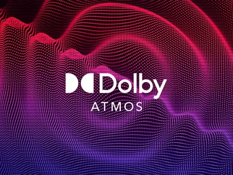 Pictograma Dolby Atmos &icirc;n fața undelor sonore mov.