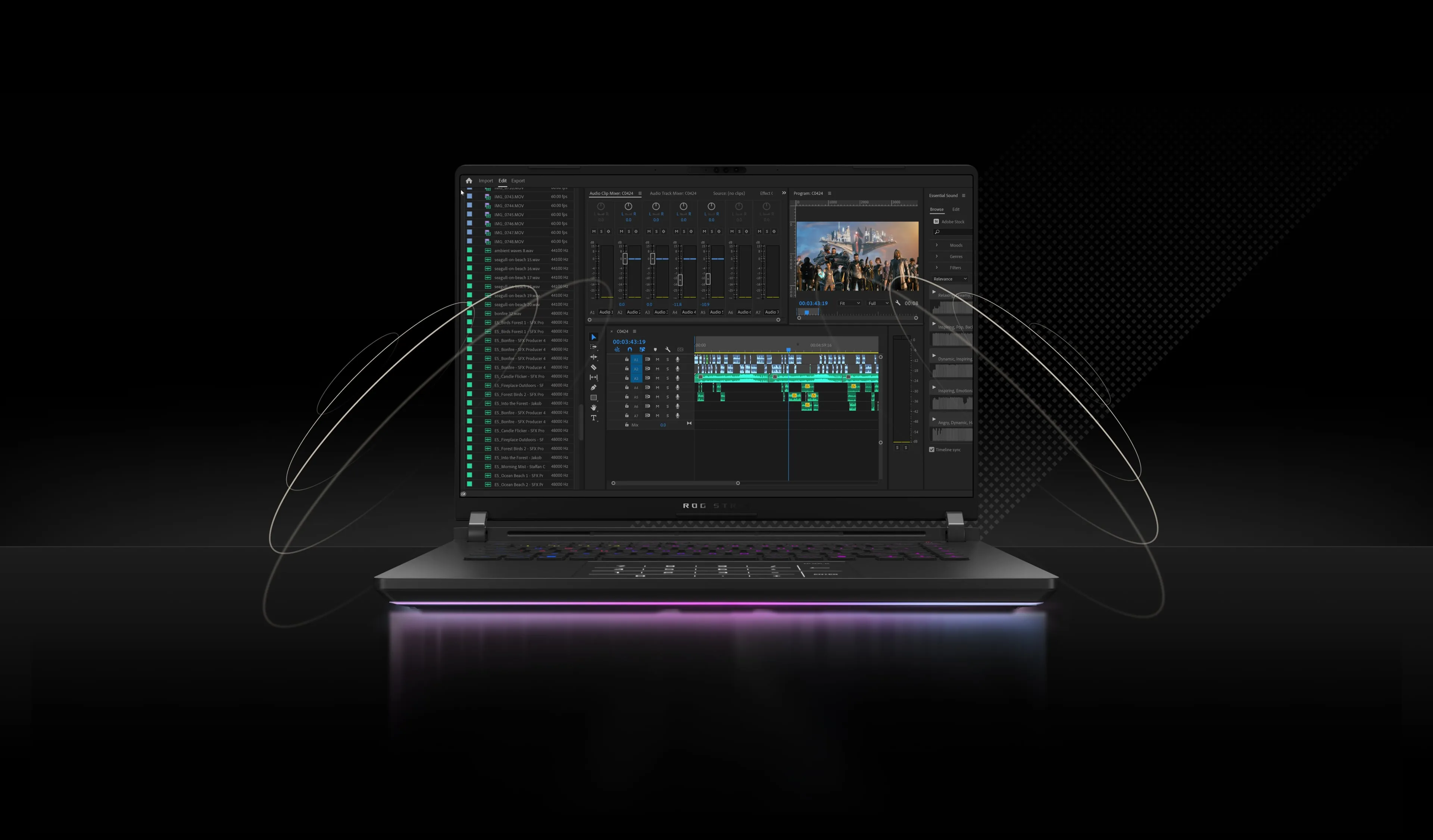 Un laptop ROG Strix cu un program de editare video afișat pe ecran.