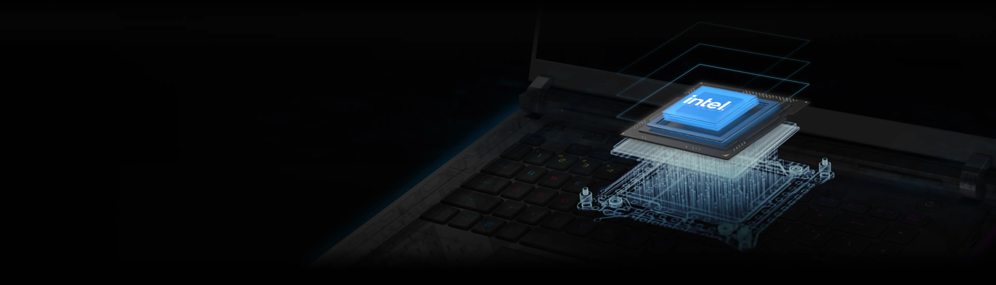 Un procesor intel care apare de sub tastatura unui laptop.