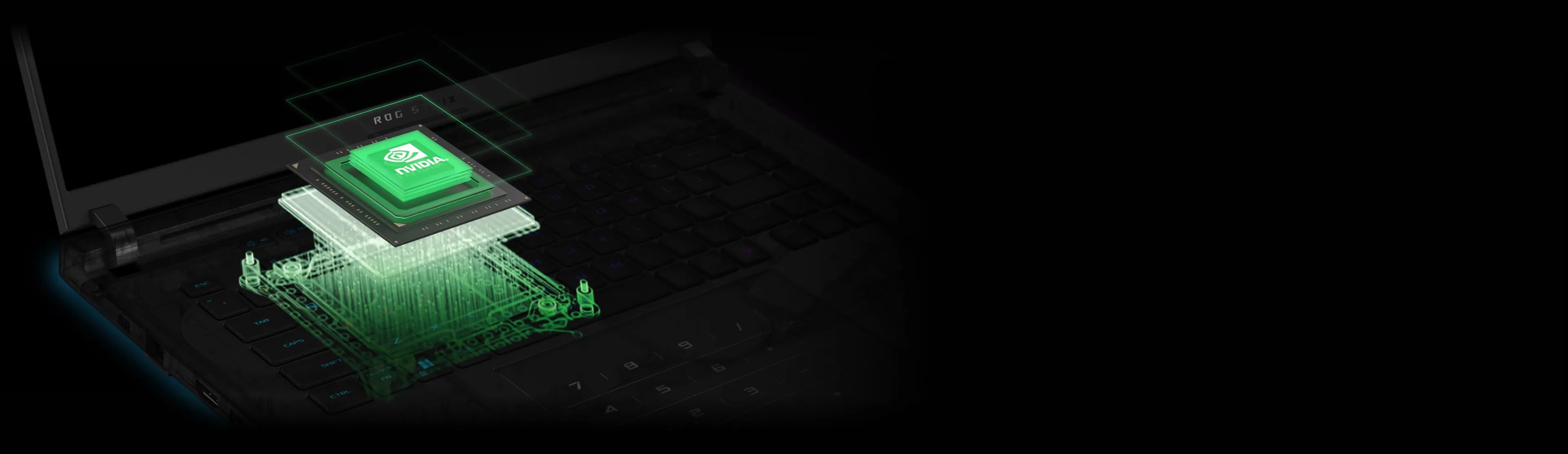 Un GPU NVIDIA apare de sub tastatura unui laptop.