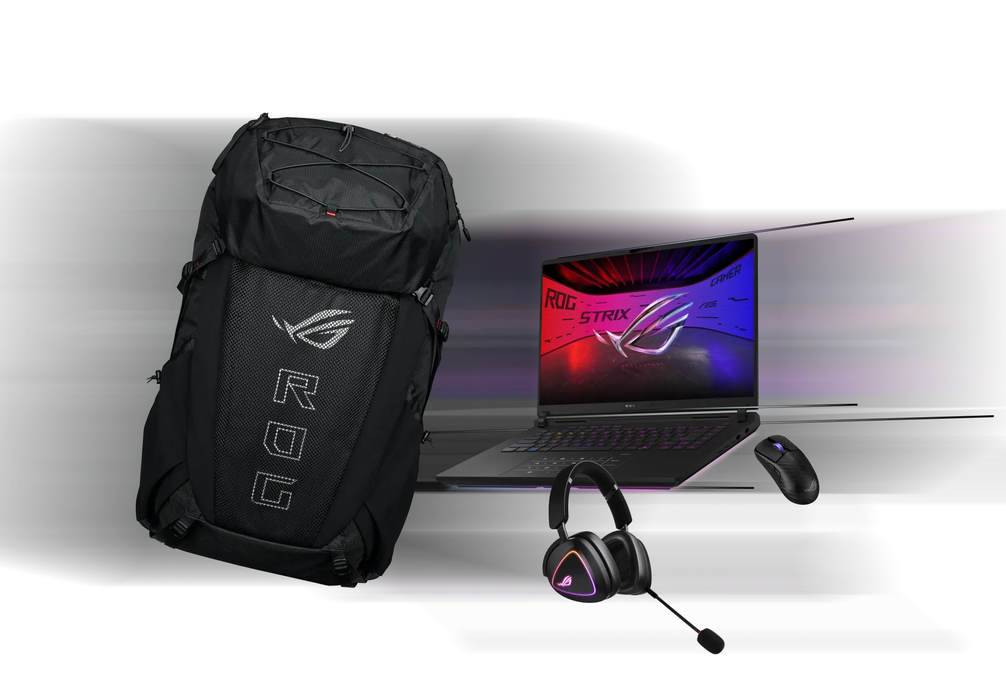 De la st&acirc;nga la dreapta; un rucsac de gaming ROG Archer ErgoAir, căști ROG Delta II, SCAR 16 și mouse-ul ROG Harpe Ace Extreme.