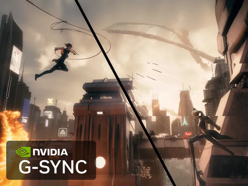 O imagine de comparație care arată diferența dintre rata de re&icirc;mprospătare care se poate sincroniza cu rata de cadre a GPU-ului cu ajutorul tehnologiei Adaptive Sync care reduce ruperea prin mișcare.