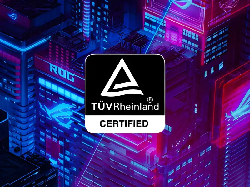 O redare 3D a unui orizont de inspirație cyberpunk ușor pixelat, cu clădirile &icirc;n tonuri de albastru și violet, cu logo-urile ROG și logo-ul TUV Rheinland suprapuse pe imagine.