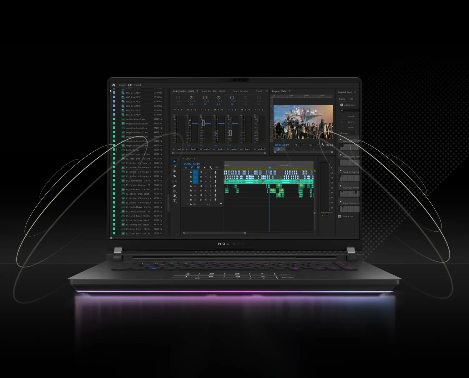 Un laptop ROG Strix cu un program de editare video afișat pe ecran.
