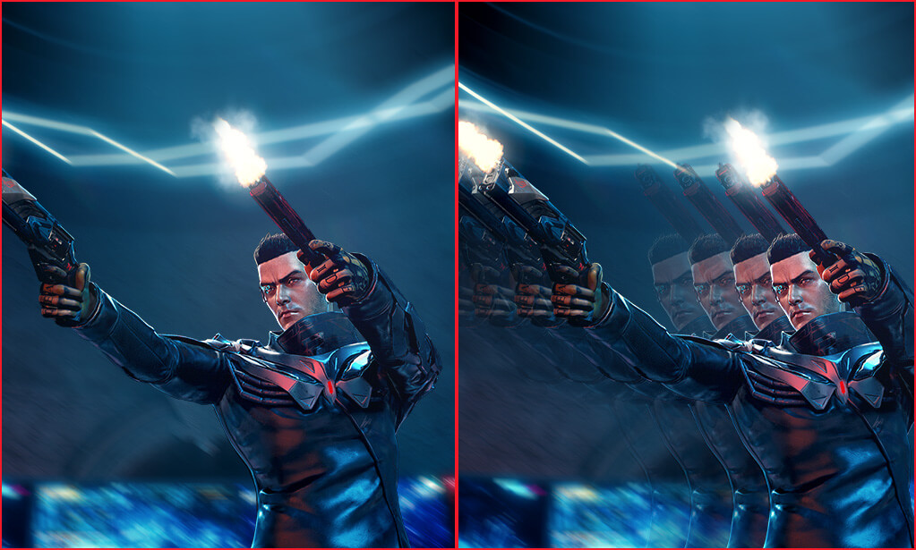 Una imagen nítida y clara en movimiento de un personaje del juego disparando dos armas / A screengrab of an in-game character firing two guns, image shows considerable motion blu