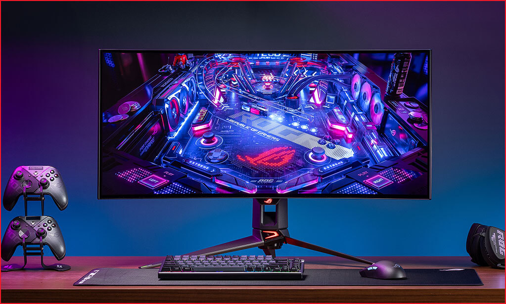 Vista frontal de una configuración de juego con PG34WCDM junto con un teclado y un ratón