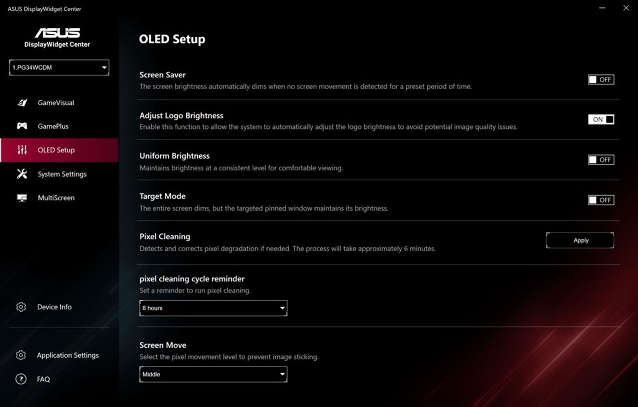 ASUS DisplayWidget Center UI que muestra la protección de pantalla, como el salvapantallas, la limpieza de píxeles o el desplazamiento de pantalla. 