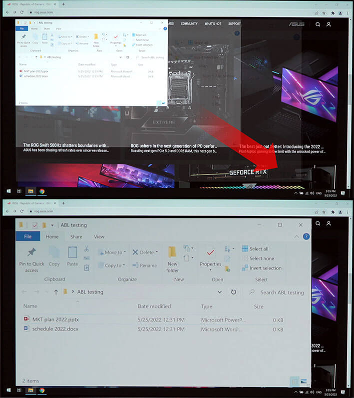 La imagen comparativa de una ventana blanca que aumenta de tamaño y el nivel de brillo de la pantalla se oscurece