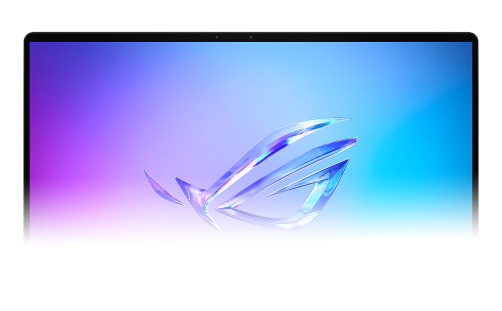 The top half of a Zephyrus G16’s screen, with the ROG Fearless Eye logo on screen.