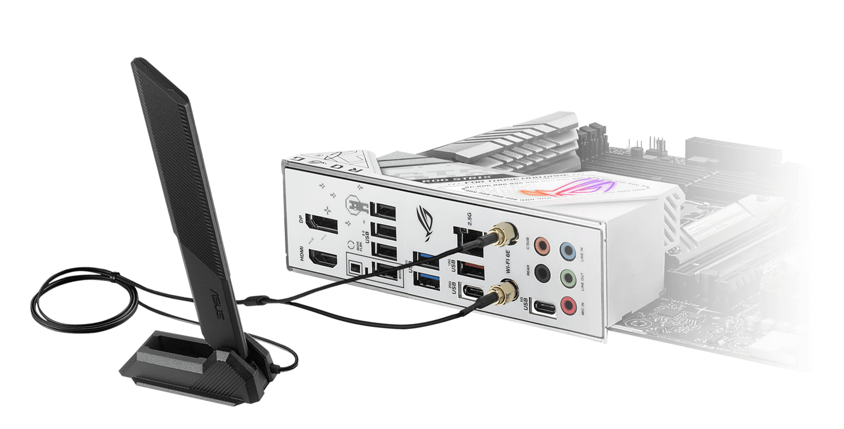 ROG Strix B760-G features WiFi 6E, an included antenna, and 2.5 Gb ethernet